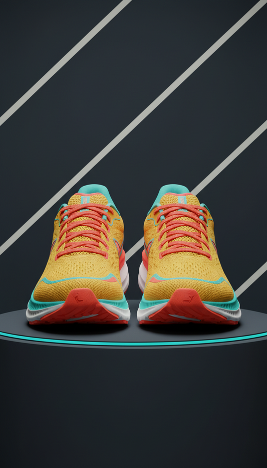 Performance running shoes with gold accents